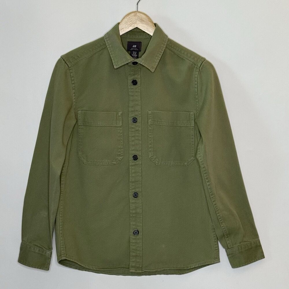 H&M Button-Up Long Sleeve Shirt Mens XS Olive Green Denim "Shacket" Casual Basic